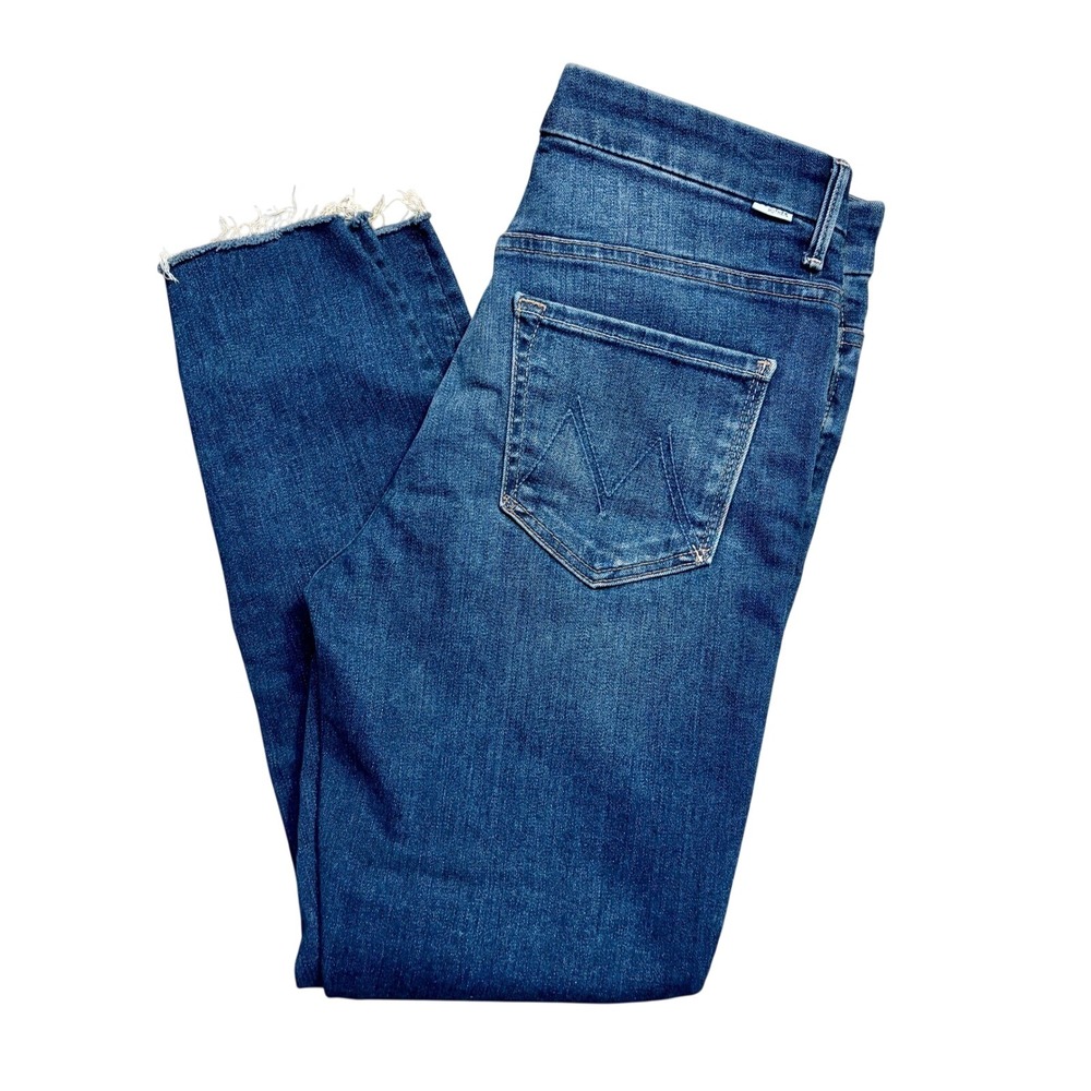 Mother Denim High Rise Skinny Jeans Medium Wash Raw Hem Size 28 Blue